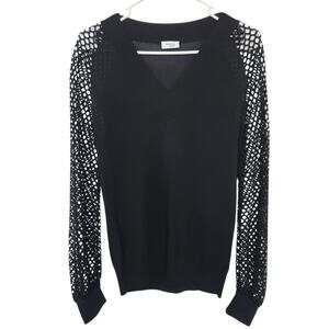 AKRIS Punto Knit V‎ Neck Top 2 Black Mesh Sleeves Designer Office Whimsigoth